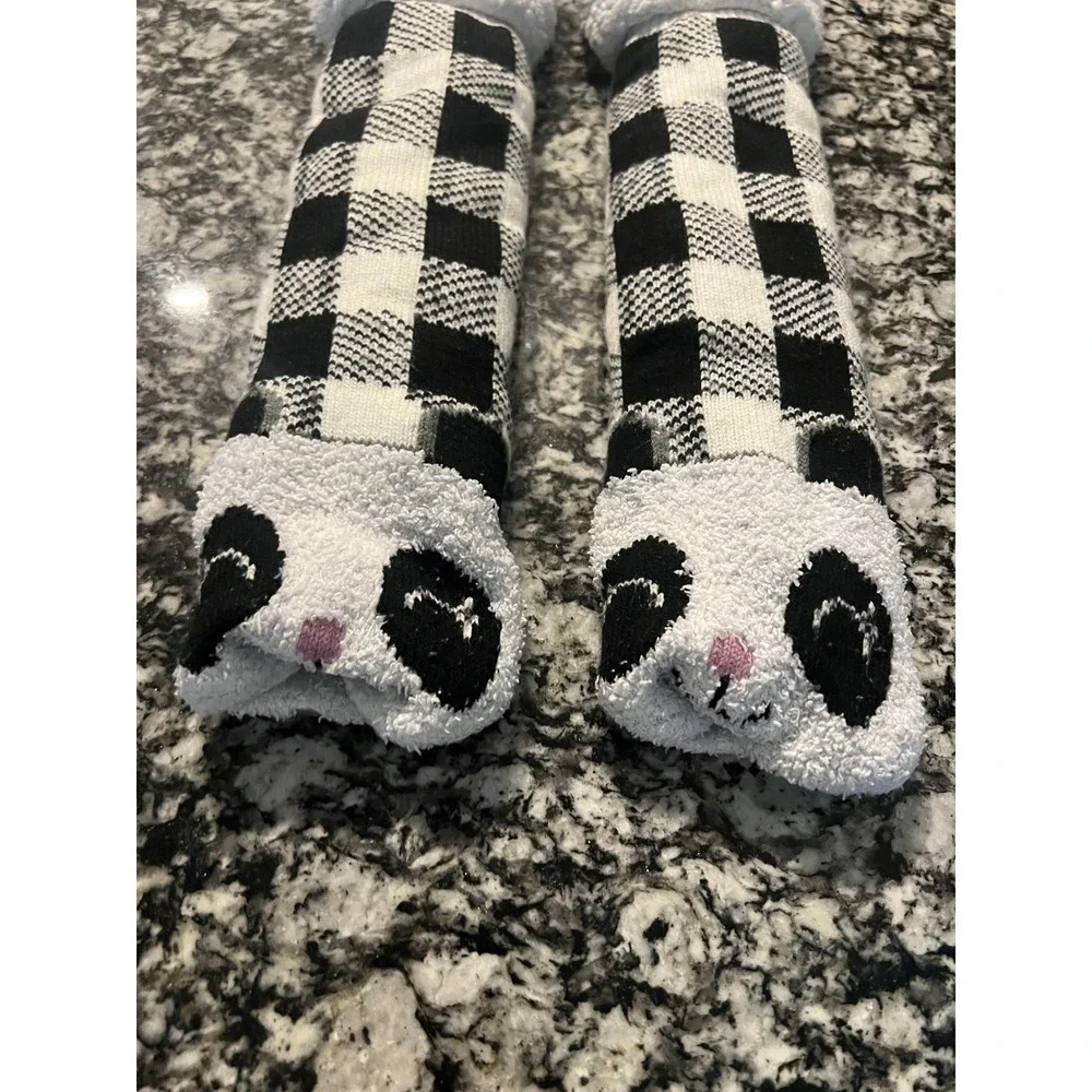 Panda Bear Buffalo Plaid Sherpa Lined Non-Slip Slipper Socks Black White
